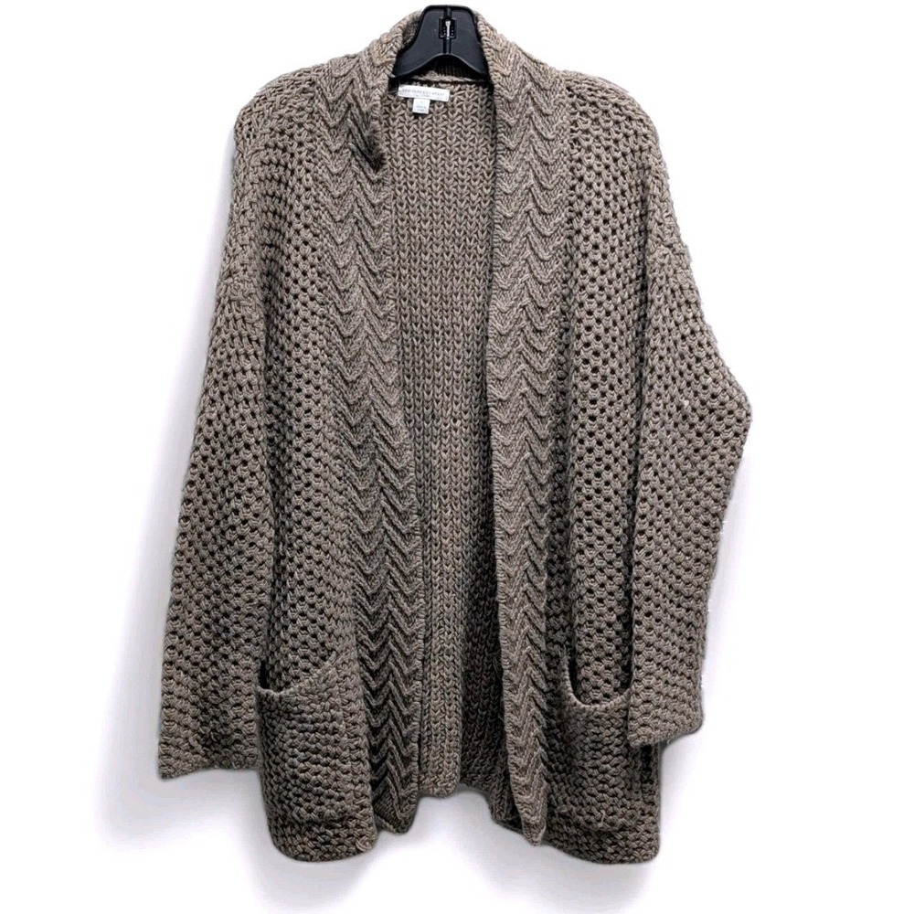 Coastal Grandma Chunky Knit Open Front Cardigan Taupe Pockets New York &‎ Co M
